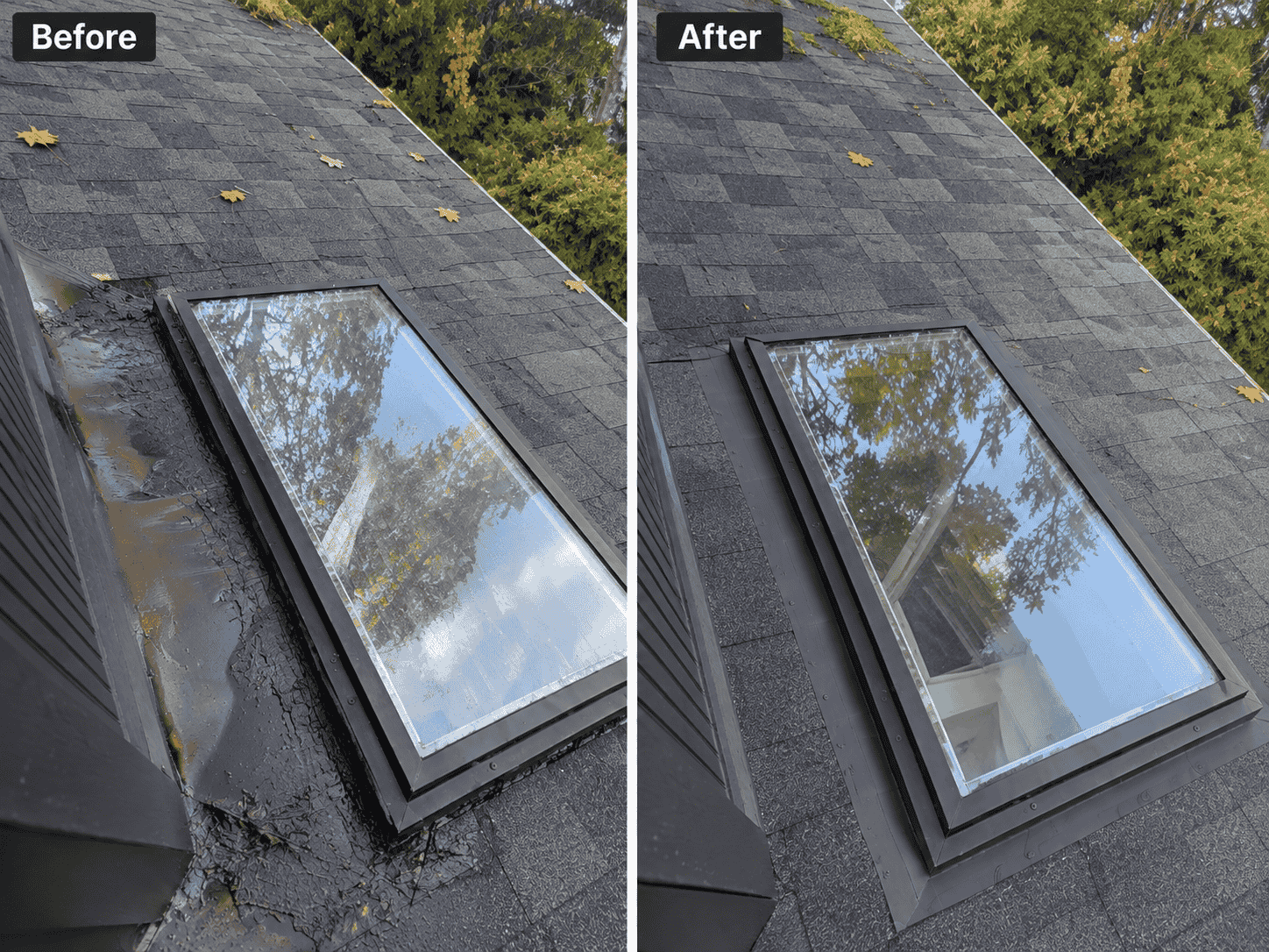 Shingle roof replacement before and after in Houston